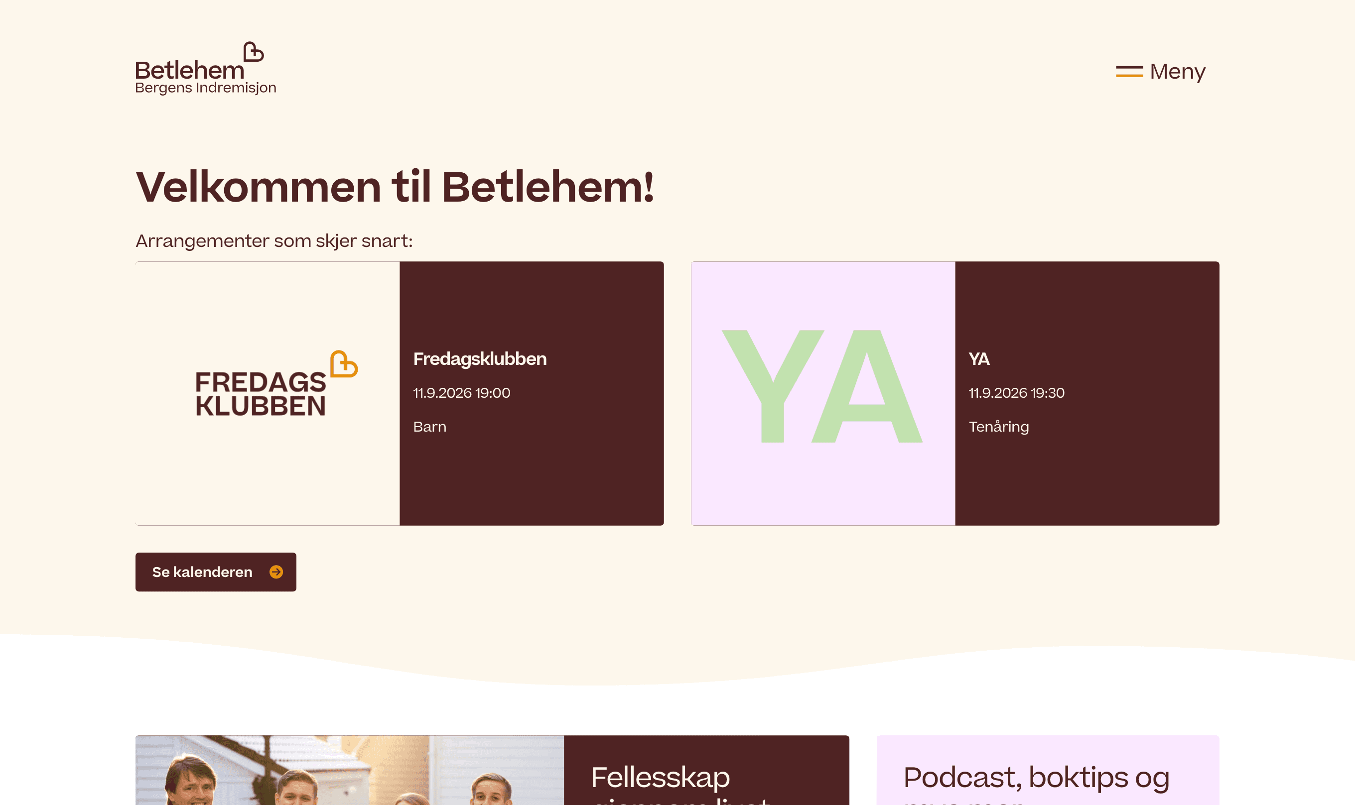 Forsiden til Betlehem, Bergens Indremisjon med kommende arrangementer som Fredagsklubben og YA